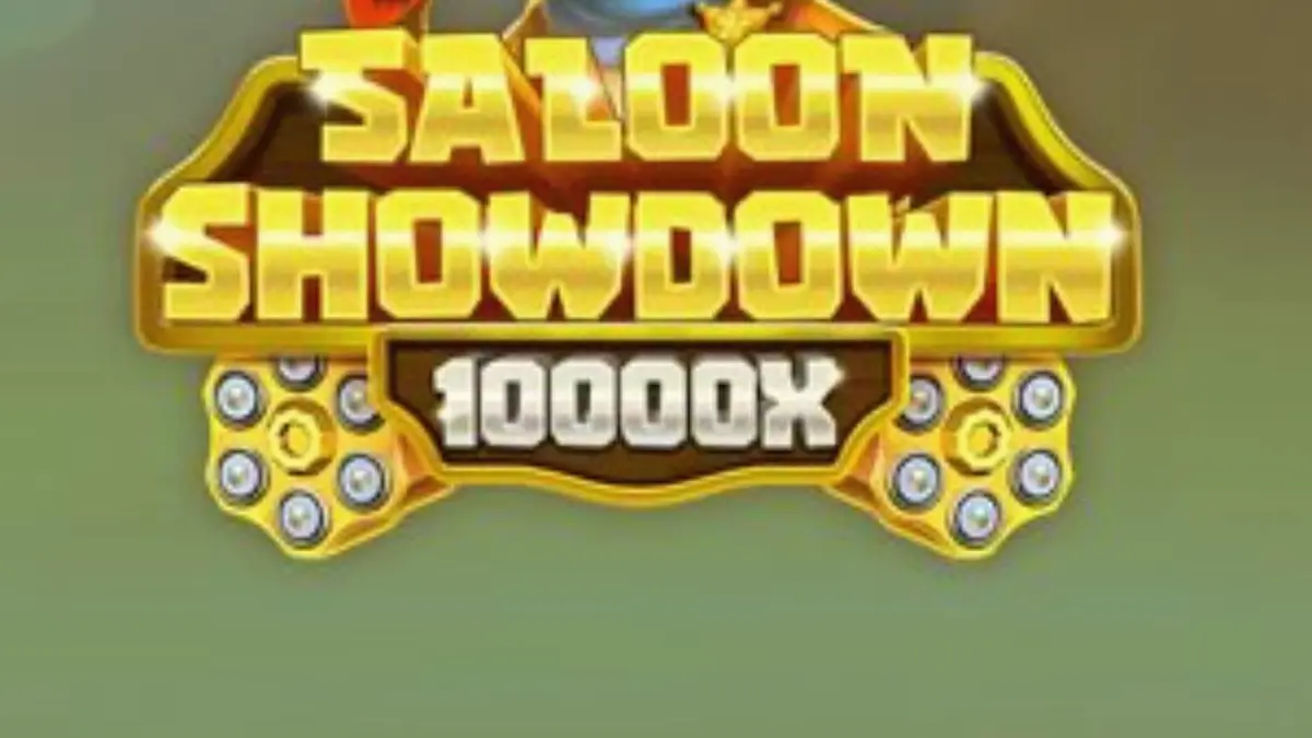 Tampilan visual slot Saloon Showdown 10,000x dengan karakter sheriff rubah dan latar belakang kota Wild West yang penuh warna.